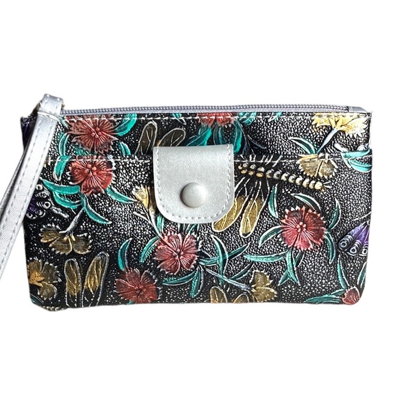 Vintage Style Floral Pattern Faux Leather Wristlet Silver Gray Pink Green New - Picture 1 of 14